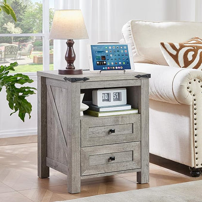 Nightstands Set of 2 with Charging Station, Farmhouse Night Stand with 2 - Image 8