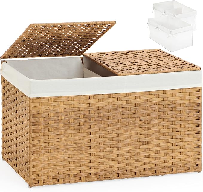 SETVSON Storage Basket with Lid, 2-Lid PE Rattan Storage Bin, Natural | 160L by SETVSON