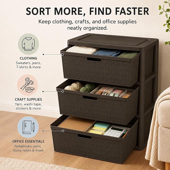 Wide 3-Drawer Plastic Storage Tower, Decorative Organizer Chest, BPA-free - Image 4