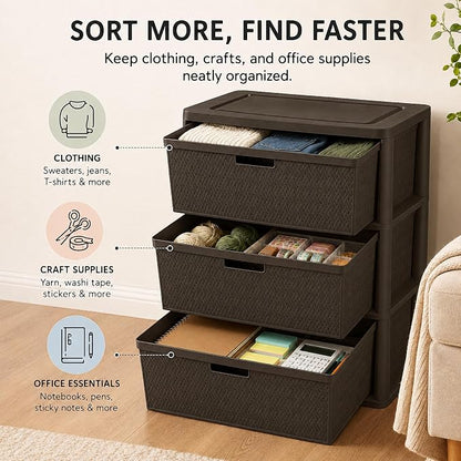 Wide 3-Drawer Plastic Storage Tower, Decorative Organizer Chest, BPA-free - Image 4