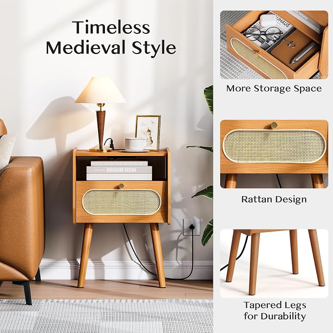 Night Stand Set 2, Mid Century Modern Nightstands, Rattan Bedside Table - Image 5