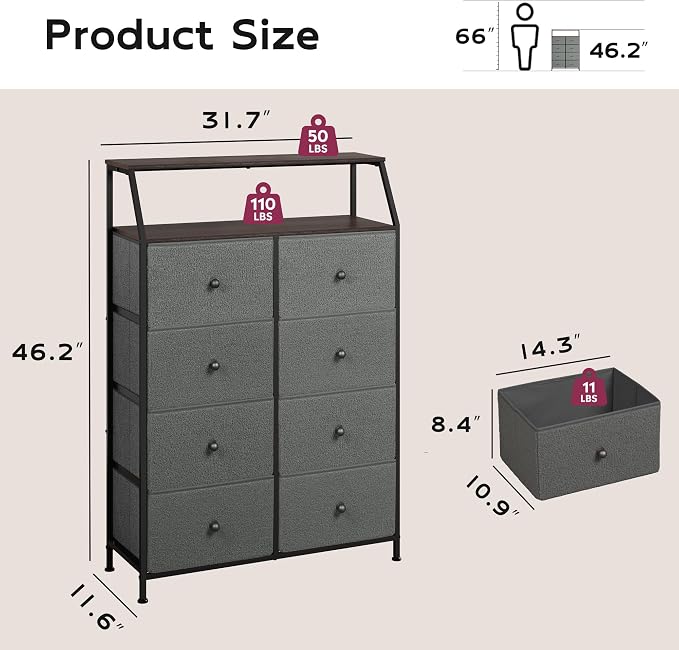 WLIVE Grey Boucle 8-Drawer Fabric Dresser Storage Tower Bedroom | Boucle fabric - Image 3