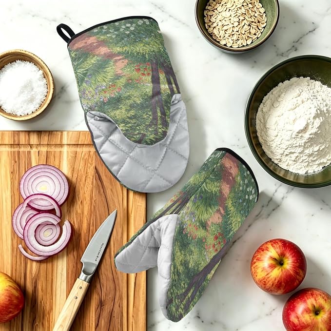 Heat Resistant Oven Mitts, Spring Plants Flowers Tree Scene Kitchen Gloves - Image 6