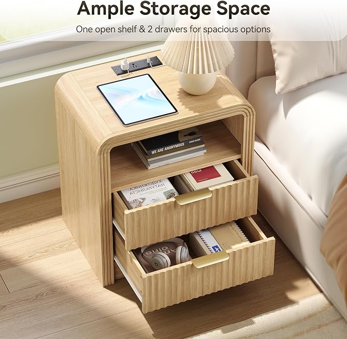 Fluted Nightstand with Charging Station, 19.7'' Wide Morden End Table with - Image 4