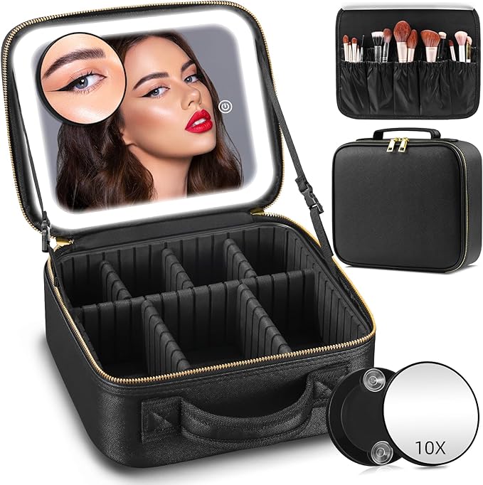 Makeup Bag with Mirror and Light 3 Colors, Travel Make up Bag with Mirror by Jadazror