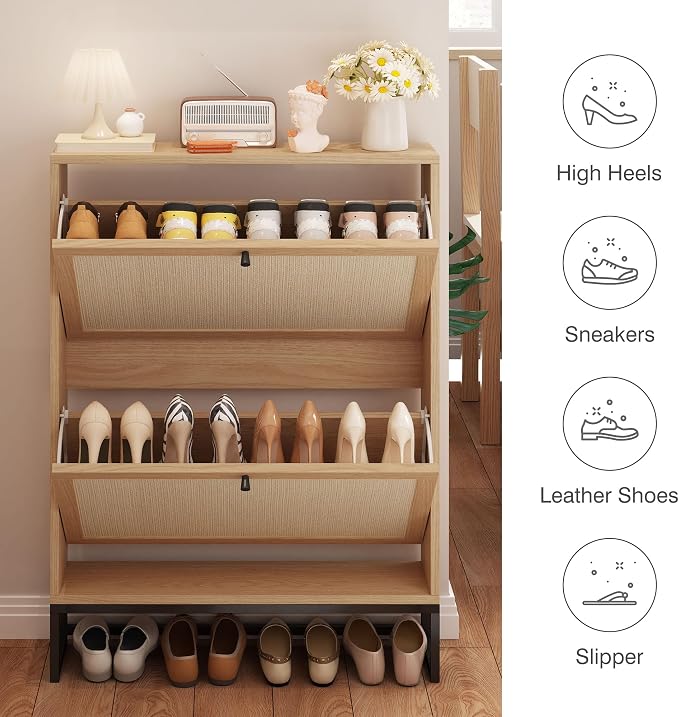 Rattan Shoe Cabinet with 2 Flip Drawers, Simple Setup Hidden Shoe Rack - Image 5