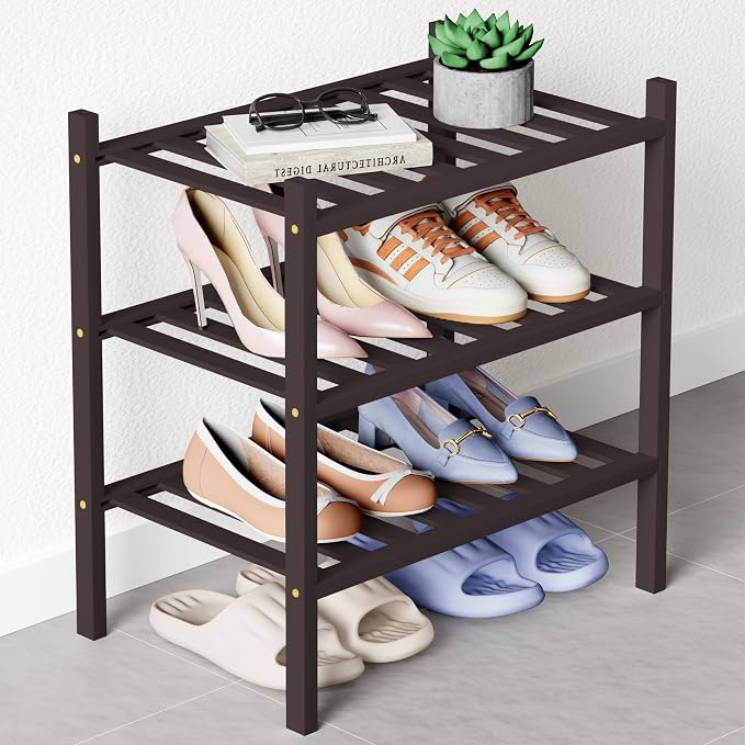 Smiry Bamboo Shoe Rack for Closet, 3 Tier Small Wooden Stackable Shoe Organizer by Smiry