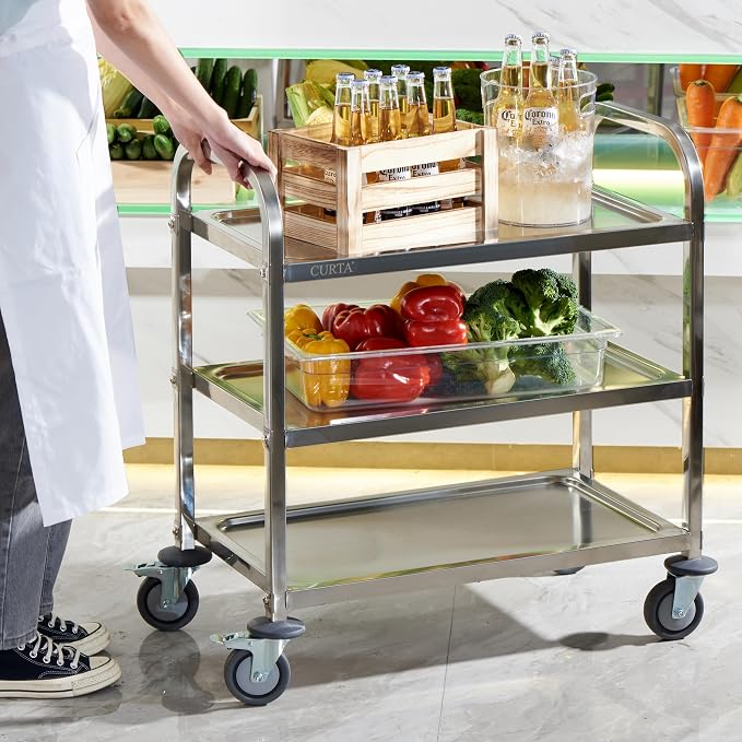 CURTA Stainless Steel Serving Trolley, Rolling Casters Brake Wheel, Commercial - Image 3