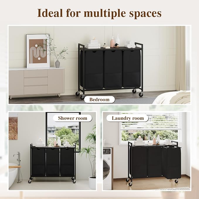 3-Section Laundry Hamper with Shelf, Pull-Out Removable 12.8 gal Bags, Metal - Image 6