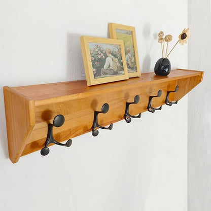 SKOLOO Wall Shelf with Hooks, 35-Inch Brown Coat Rack Wall Mount with Shelf - Image 3