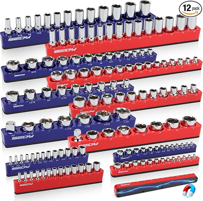 12-Piece 1/4" 3/8" 1/2"-Drive SAE & Metric Magnetic Socket Organizer Set by SEDY