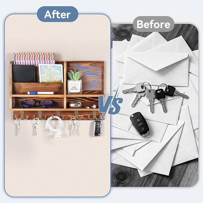Key Holder Wall Mount, Mail Organizer Wall Mounted, Solid Wood Key Holder - Image 6