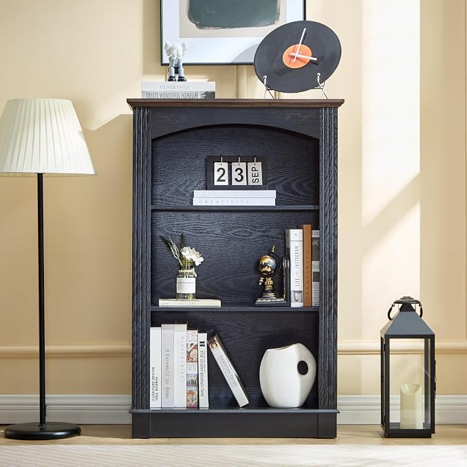 Black Bookshelf, 3 Tier Bookcase and Kids Bookshelf, Small Storage Cabinet - Image 3