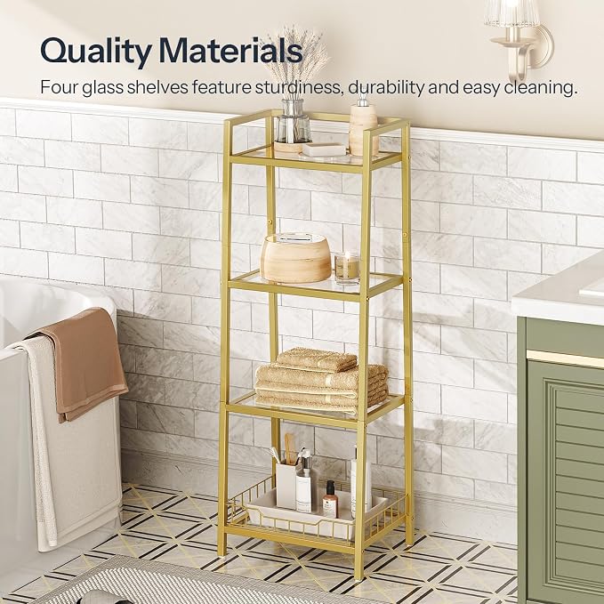 HOOBRO Gold Glass Shelf Stand, 4 Tier Standing Shelf Unit, Bathroom Organizer - Image 3