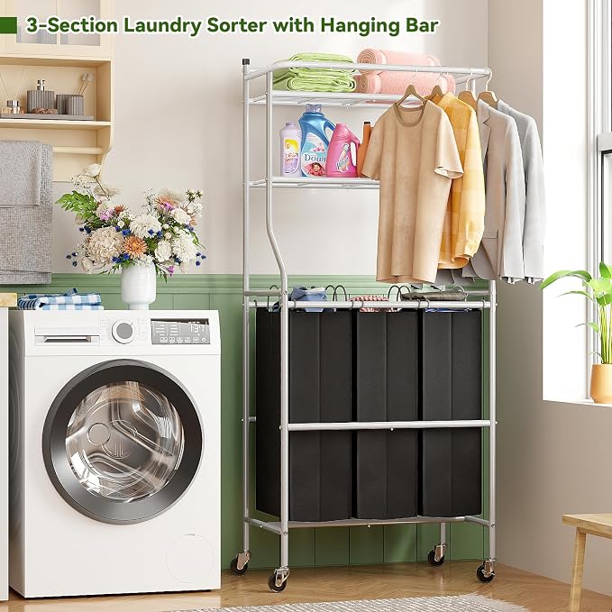 Laundry Sorter with Hanging Clothes Rack, Rolling Laundry Cart with Wheels & - Image 2