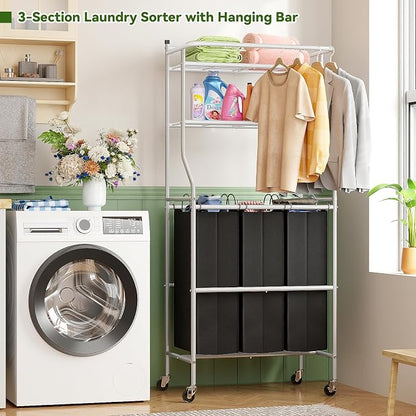 Laundry Sorter with Hanging Clothes Rack, Rolling Laundry Cart with Wheels & - Image 2