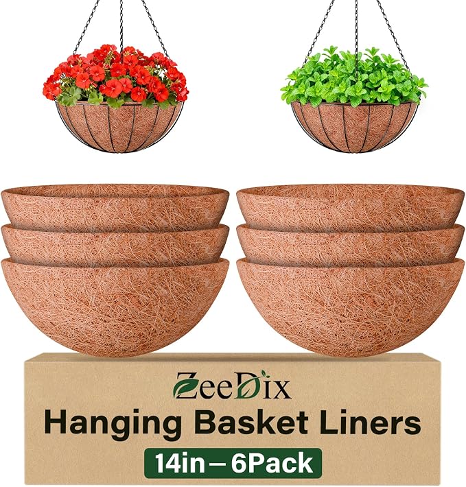6 Pack 14 Inch Coco Liners for Planters, Hanging Basket Liners | Round Coco by ZeeDix