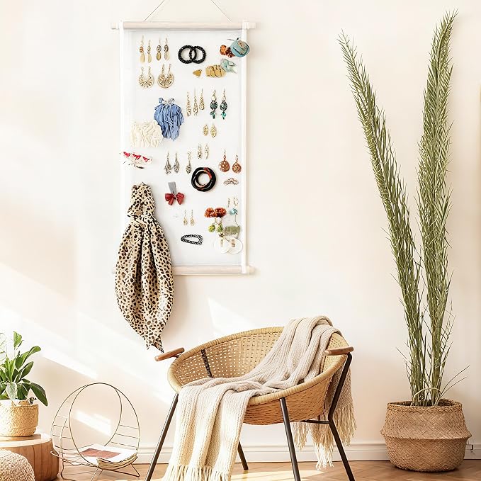 Mesh Earring Organizer with Wooden Rods Hanging Jewelry Display Holder - Image 4