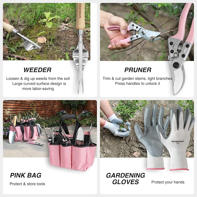 WORKPRO 8-Piece Pink Garden Tool Set, Stainless Steel Gardening Tools - Image 5