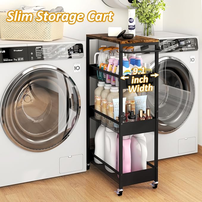 Vincona 9.1" Wide Slim Rolling Utility Cart, 4 Tier Metal Narrow Storage Cart - Image 2