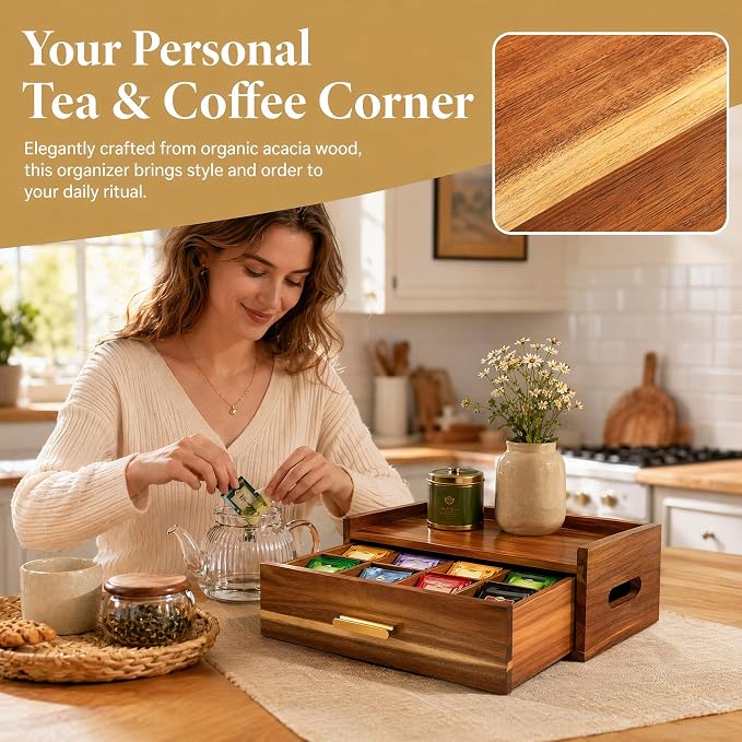 Acacia Wood Tea Bag Organizer 8 Compartment Storage Box & Organizer - Image 5