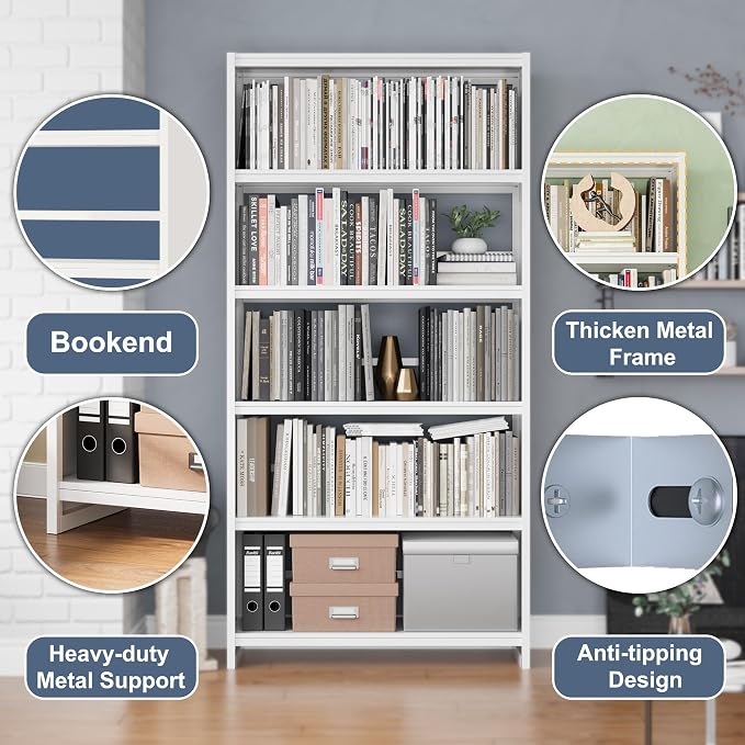 69" Tall Bookcase, 5-Tier Wide Bookshelf, Library Book Case - Image 4