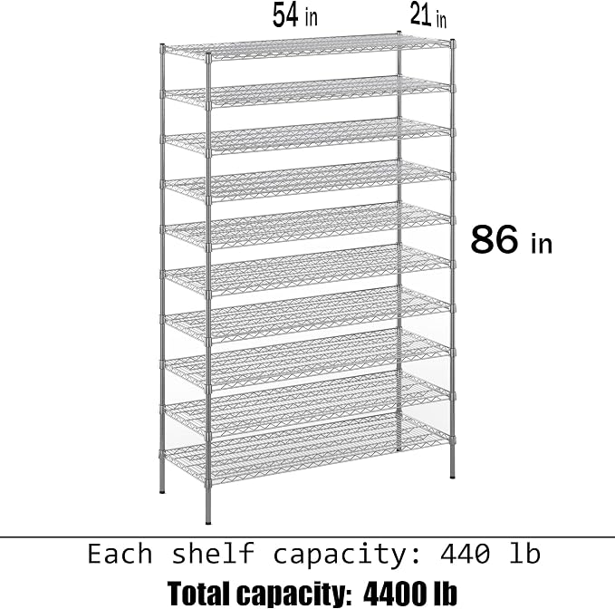 21" Deep x 54" Wide x 86" Height Wire Shelving Kit | 10-Tier | NSF Commercial - Image 3