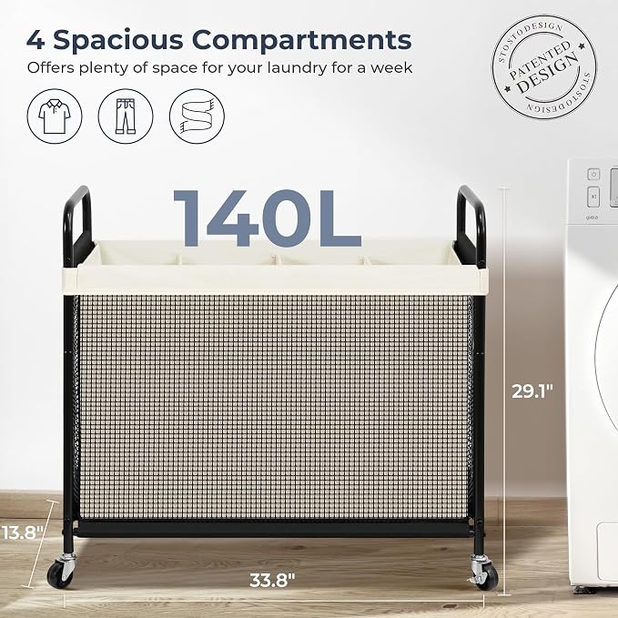 STO STO Laundry Hamper 4 Section, 140L Rolling Laundry Sorter Cart - Image 5