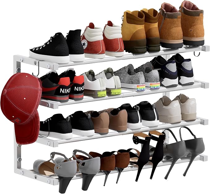 Wall Mounted Shoe Rack, 4 Tier Hanging Shoe Rack Holds 16 Pairs, Space Saving by HomeOrganizerandStorage