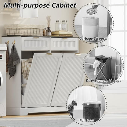 2x13 Gallons Double Tilt Out Trash Can Cabinet, Wooden Fluted Trash Garbage Can - Image 4