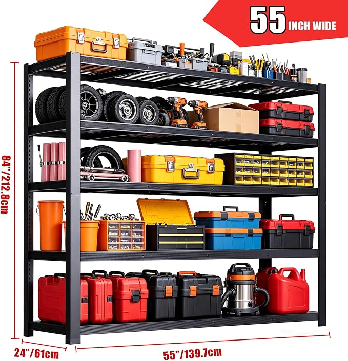 84" H Heavy Duty Wire Garage Shelving, 5-Tier Adjustable Industrial Metal - Image 3