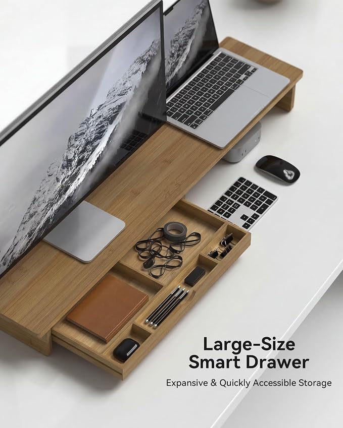 42” Monitor Stand with Large Drawer Keyboard Storage, Dark Bamboo | dual - Image 3