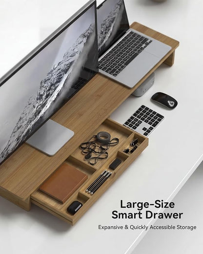 42” Monitor Stand with Large Drawer Keyboard Storage, Dark Bamboo | dual - Image 3