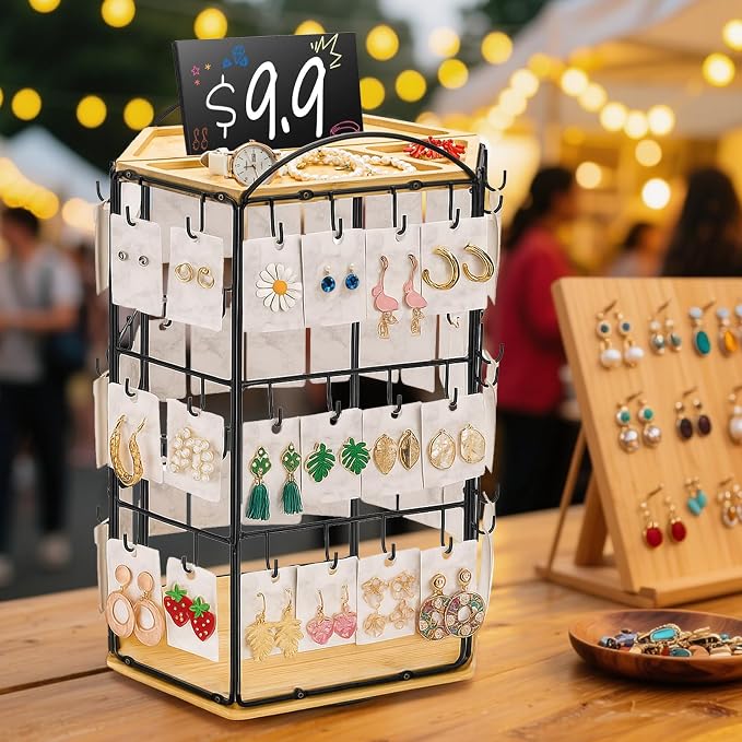Rotating Earring Display Stand for Vendors, 48 Hooks Hexagon Bamboo Jewelry - Image 7