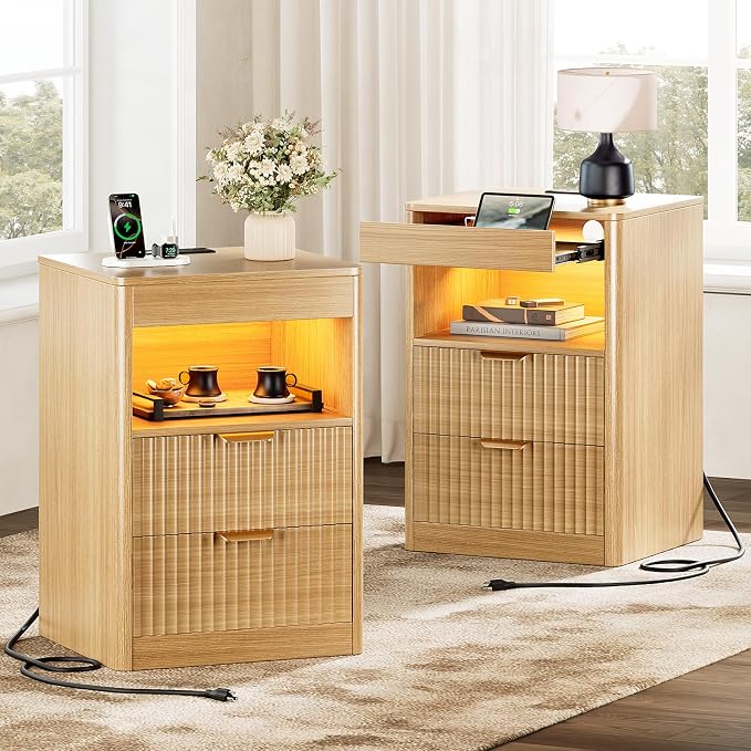 REAHOME Fluted Nightstand with Charging Station, Modern LED Night Stand with 2 - Image 8