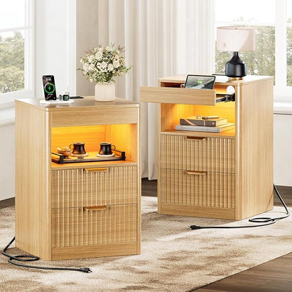 REAHOME Fluted Nightstand with Charging Station, Modern LED Night Stand with 2 - Image 8