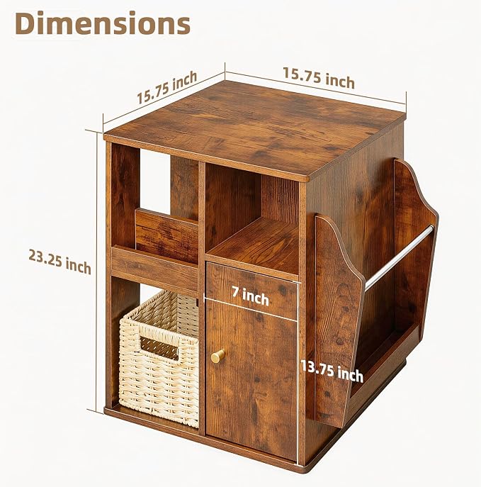 Square Rotating End Table with Storage, Rustic Brown | Side Table with Magazine - Image 2