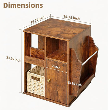 Square Rotating End Table with Storage, Rustic Brown | Side Table with Magazine - Image 2