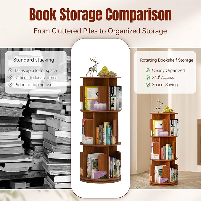 3-Tier 360° Rotating Bookshelf, Round Floor Standing Bookcase - Image 3