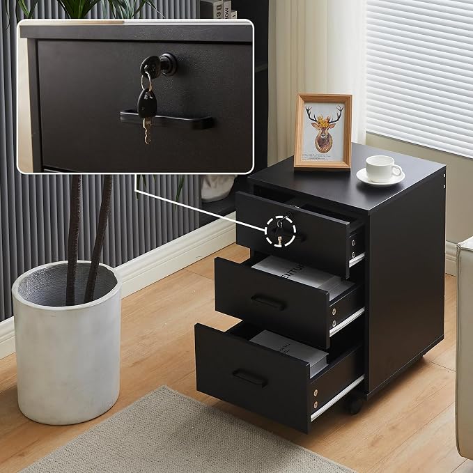 File Cabinet with Lock 3 Drawer Mobile Filing Cabinet with 360° Swivel Wheels - Image 2