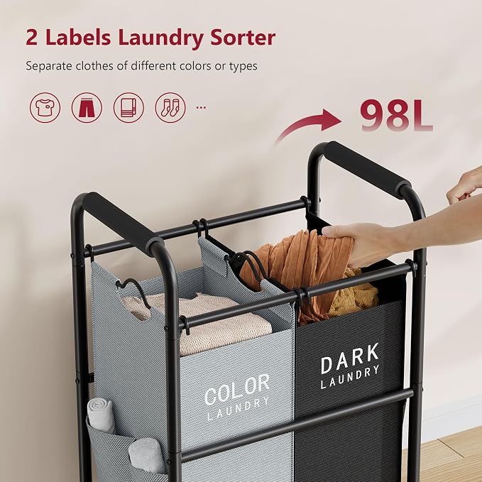 Tajsoon 2 Bag Laundry Sorter Cart, Laundry Hamper Sorter Basket - Image 3
