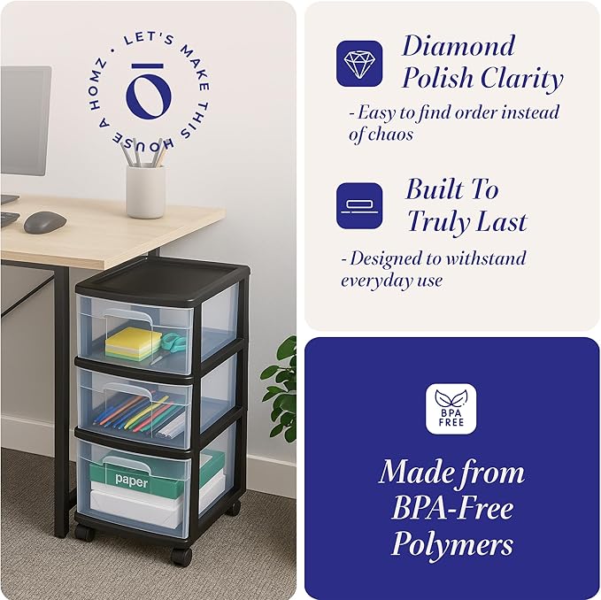HOMZ Drawer Tower, 3-Tier Storage Cart - Image 5