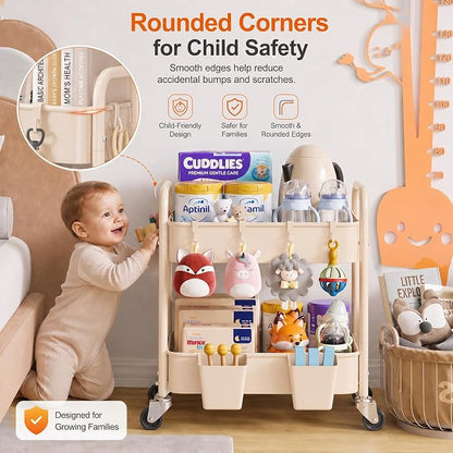 Beige 2 Tiered Small Rolling Cart on Wheels, Diaper Caddy Bedside Cart - Image 6