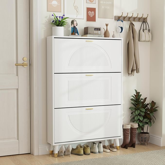 White Shoe Storage Cabinet: 32" Ultra Thin Small Shoe Cabinet - Image 4