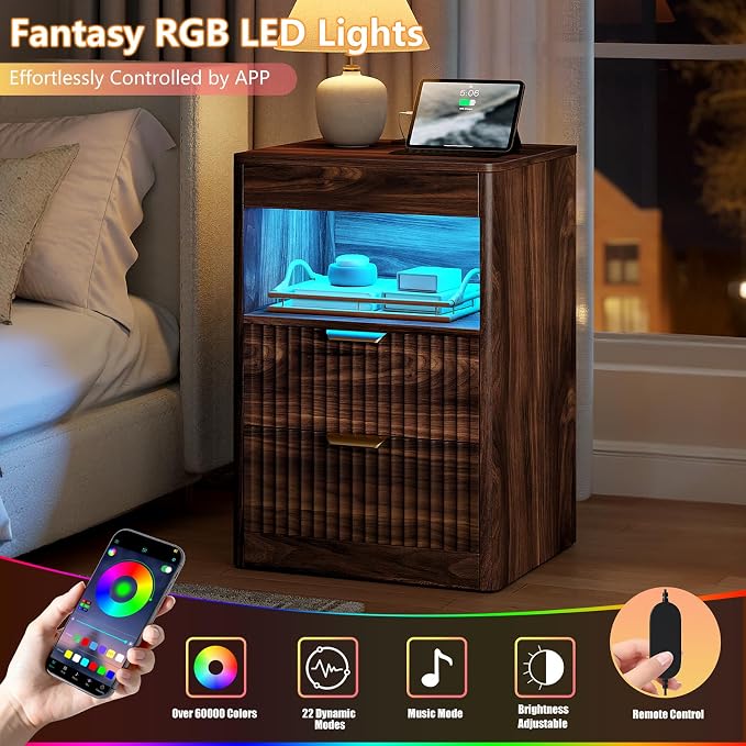REAHOME Fluted Nightstand with Charging Station, Modern LED Night Stand with 2 - Image 6