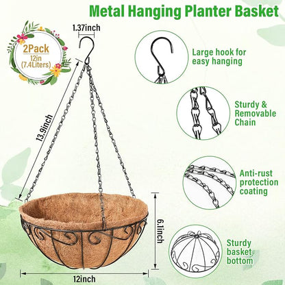 2 Pack 12 Inch Metal Hanging Baskets - Image 2