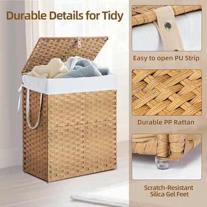 Woven Laundry Basket with Lid, Large Hamper with Removable and Machine-Washable - Image 3