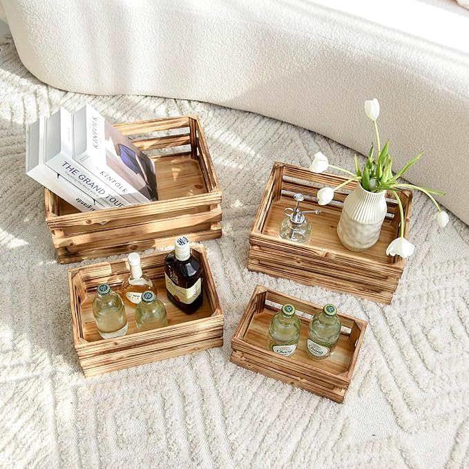 Large Torched Wood Storage Crates Decorative, Farmhouse Wooden Storage - Image 7