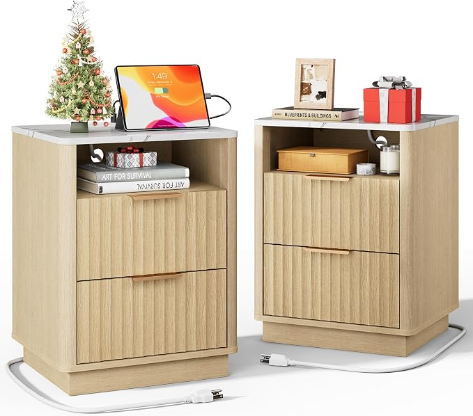 Fluted Night Stand Set 2 with Charging Station, 2 Drawers End Table with Storage by FavourLife