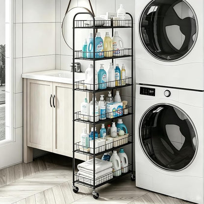 Slim Rolling Storage Cart with Wheels, 10in 6 Tier Black | Narrow Space Rolling - Image 4